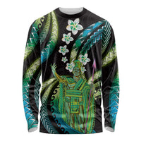 Hawaii King Kamehameha Long Sleeve Shirt Fantastic Plumeria Chartreuse Cyan