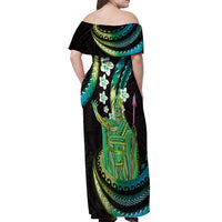 Hawaii King Kamehameha Off Shoulder Maxi Dress Fantastic Plumeria Chartreuse Cyan
