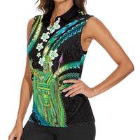 Hawaii King Kamehameha Women Sleeveless Polo Shirt Fantastic Plumeria Chartreuse Cyan