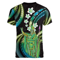 Hawaii King Kamehameha Women V-Neck T-Shirt Fantastic Plumeria Chartreuse Cyan