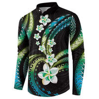 Hawaii Plumeria Button Sweatshirt Chartreuse Cyan Polynesian Pattern