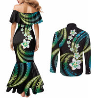 Hawaii Plumeria Couples Matching Mermaid Dress and Long Sleeve Button Shirt Chartreuse Cyan Polynesian Pattern