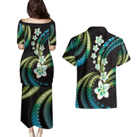 Hawaii Plumeria Couples Matching Puletasi and Hawaiian Shirt Chartreuse Cyan Polynesian Pattern