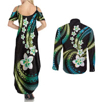 Hawaii Plumeria Couples Matching Summer Maxi Dress and Long Sleeve Button Shirt Chartreuse Cyan Polynesian Pattern