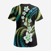 Hawaii Plumeria Scrub Top Chartreuse Cyan Polynesian Pattern - Polynesian Pride