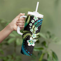 Hawaii Plumeria Tumbler With Handle Chartreuse Cyan Polynesian Pattern