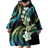 Hawaii Plumeria Wearable Blanket Hoodie Chartreuse Cyan Polynesian Pattern