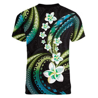 Hawaii Plumeria Women V-Neck T-Shirt Chartreuse Cyan Polynesian Pattern