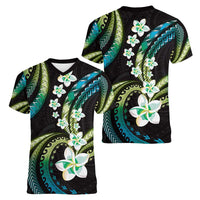 Hawaii Plumeria Women V-Neck T-Shirt Chartreuse Cyan Polynesian Pattern