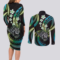 Hawaii Shaka Sign Couples Matching Long Sleeve Bodycon Dress and Long Sleeve Button Shirt Fantastic Frangipani Chartreuse Cyan