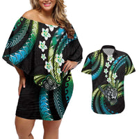 Hawaii Shaka Sign Couples Matching Off Shoulder Short Dress and Hawaiian Shirt Fantastic Frangipani Chartreuse Cyan