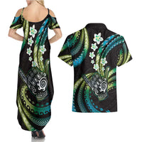 Hawaii Shaka Sign Couples Matching Summer Maxi Dress and Hawaiian Shirt Fantastic Frangipani Chartreuse Cyan