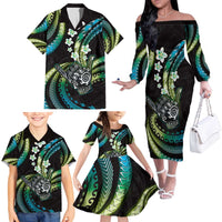Hawaii Shaka Sign Family Matching Off The Shoulder Long Sleeve Dress and Hawaiian Shirt Fantastic Frangipani Chartreuse Cyan