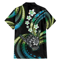 Hawaii Shaka Sign Family Matching Short Sleeve Bodycon Dress and Hawaiian Shirt Fantastic Frangipani Chartreuse Cyan