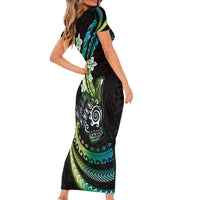 Hawaii Shaka Sign Family Matching Short Sleeve Bodycon Dress and Hawaiian Shirt Fantastic Frangipani Chartreuse Cyan