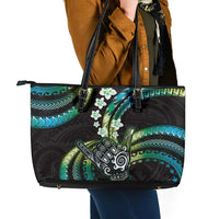 Hawaii Shaka Sign Leather Tote Bag Fantastic Frangipani Chartreuse Cyan