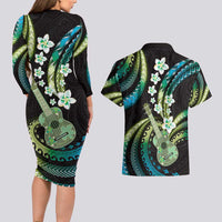 Hawaiian Ukulele Couples Matching Long Sleeve Bodycon Dress and Hawaiian Shirt Chartreuse Cyan Fantastic Plumeria