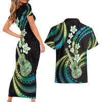 Hawaiian Ukulele Couples Matching Short Sleeve Bodycon Dress and Hawaiian Shirt Chartreuse Cyan Fantastic Plumeria