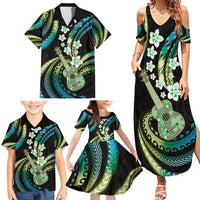 Hawaiian Ukulele Family Matching Summer Maxi Dress and Hawaiian Shirt Chartreuse Cyan Fantastic Plumeria