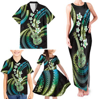 Hawaiian Ukulele Family Matching Tank Maxi Dress and Hawaiian Shirt Chartreuse Cyan Fantastic Plumeria