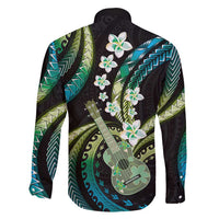 Hawaiian Ukulele Family Matching Tank Maxi Dress and Hawaiian Shirt Chartreuse Cyan Fantastic Plumeria