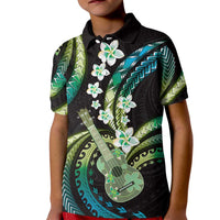 Hawaiian Ukulele Kid Polo Shirt Chartreuse Cyan Fantastic Plumeria