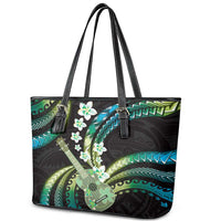 Hawaiian Ukulele Leather Tote Bag Chartreuse Cyan Fantastic Plumeria