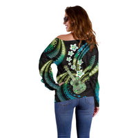 Hawaiian Ukulele Off Shoulder Sweater Chartreuse Cyan Fantastic Plumeria