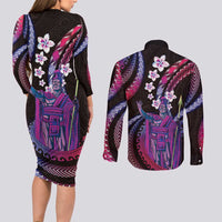 Hawaii King Kamehameha Couples Matching Long Sleeve Bodycon Dress and Long Sleeve Button Shirt Fantastic Plumeria Sweet Vibes