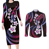 Hawaii Plumeria Couples Matching Long Sleeve Bodycon Dress and Long Sleeve Button Shirt Sweet Gradient Polynesian Pattern