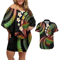 Hawaii Turtles Plumeria Couples Matching Off Shoulder Short Dress and Hawaiian Shirt Reggae Polynesian Pattern