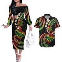 Hawaii Turtles Plumeria Couples Matching Off The Shoulder Long Sleeve Dress and Hawaiian Shirt Reggae Polynesian Pattern