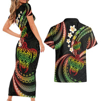 Hawaii Turtles Plumeria Couples Matching Short Sleeve Bodycon Dress and Hawaiian Shirt Reggae Polynesian Pattern
