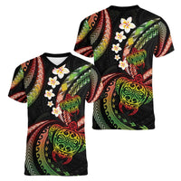 Hawaii Turtles Plumeria Women V-Neck T-Shirt Reggae Polynesian Pattern