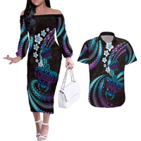 Hawaii Turtles Plumeria Couples Matching Off The Shoulder Long Sleeve Dress and Hawaiian Shirt Amethyst Gradient Polynesian Pattern
