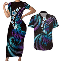 Hawaii Turtles Plumeria Couples Matching Short Sleeve Bodycon Dress and Hawaiian Shirt Amethyst Gradient Polynesian Pattern