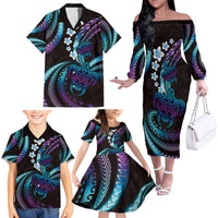 Hawaii Turtles Plumeria Family Matching Off The Shoulder Long Sleeve Dress and Hawaiian Shirt Amethyst Gradient Polynesian Pattern