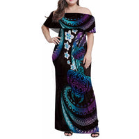 Hawaii Turtles Plumeria Family Matching Off Shoulder Maxi Dress and Hawaiian Shirt Amethyst Gradient Polynesian Pattern
