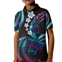 Hawaii Turtles Plumeria Kid Polo Shirt Amethyst Gradient Polynesian Pattern