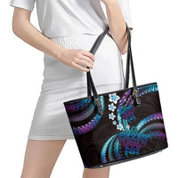 Hawaii Turtles Plumeria Leather Tote Bag Amethyst Gradient Polynesian Pattern