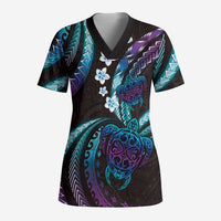 Hawaii Turtles Plumeria Scrub Top Amethyst Gradient Polynesian Pattern - Polynesian Pride
