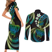 Hawaii Turtles Plumeria Couples Matching Short Sleeve Bodycon Dress and Long Sleeve Button Shirt Chartreuse Cyan Polynesian Pattern