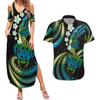 Hawaii Turtles Plumeria Couples Matching Summer Maxi Dress and Hawaiian Shirt Chartreuse Cyan Polynesian Pattern