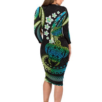 Hawaii Turtles Plumeria Family Matching Long Sleeve Bodycon Dress and Hawaiian Shirt Chartreuse Cyan Polynesian Pattern