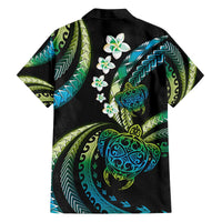 Hawaii Turtles Plumeria Family Matching Off The Shoulder Long Sleeve Dress and Hawaiian Shirt Chartreuse Cyan Polynesian Pattern