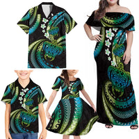 Hawaii Turtles Plumeria Family Matching Off Shoulder Maxi Dress and Hawaiian Shirt Chartreuse Cyan Polynesian Pattern