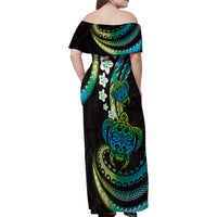 Hawaii Turtles Plumeria Family Matching Off Shoulder Maxi Dress and Hawaiian Shirt Chartreuse Cyan Polynesian Pattern