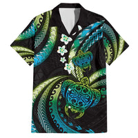 Hawaii Turtles Plumeria Family Matching Short Sleeve Bodycon Dress and Hawaiian Shirt Chartreuse Cyan Polynesian Pattern