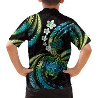 Hawaii Turtles Plumeria Family Matching Tank Maxi Dress and Hawaiian Shirt Chartreuse Cyan Polynesian Pattern