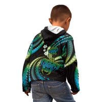 Hawaii Turtles Plumeria Kid Hoodie Chartreuse Cyan Polynesian Pattern